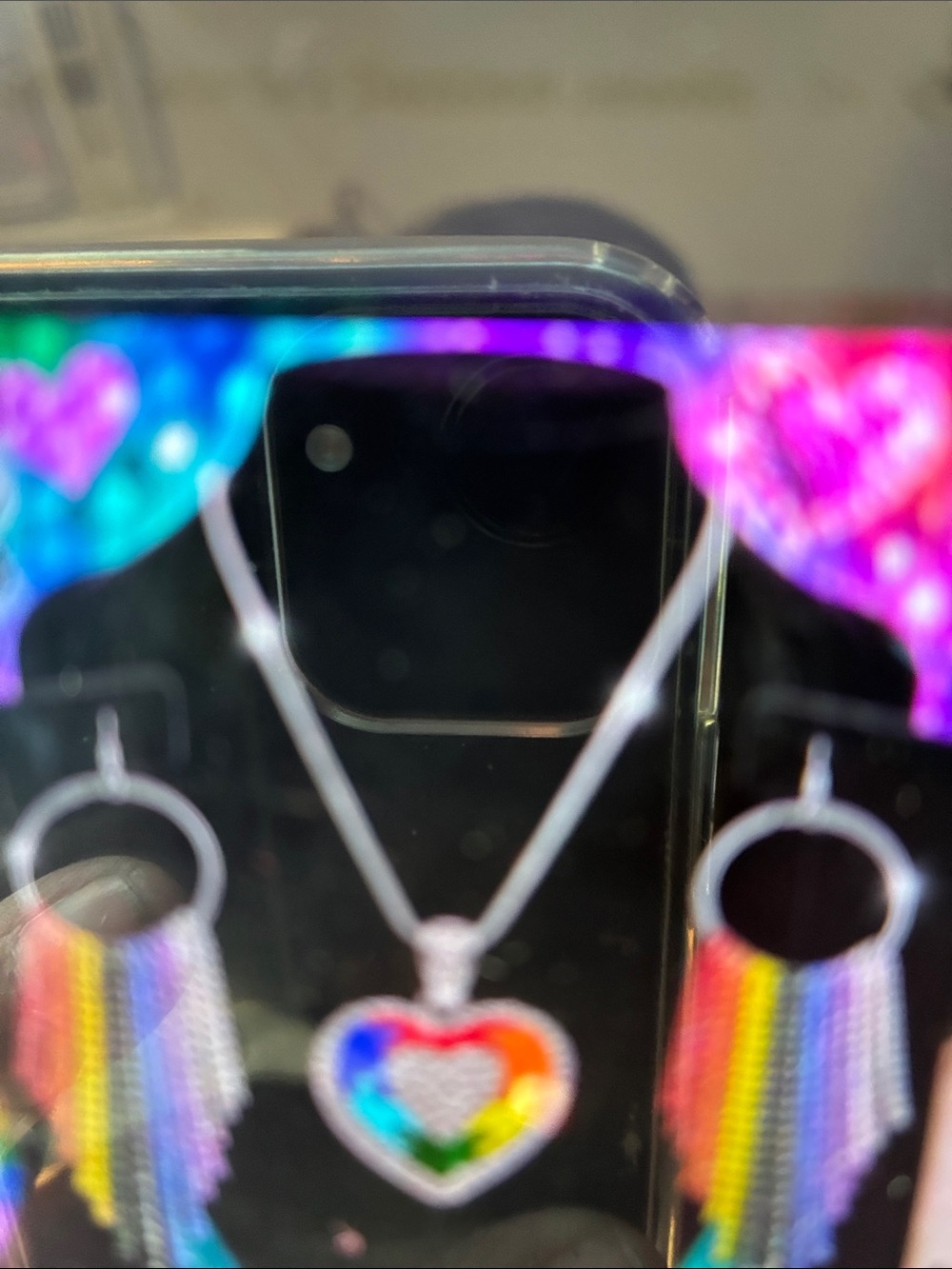 Rainbow Heart Pendant Necklace and Fringe Hoop Earrings Set - Multicolor
